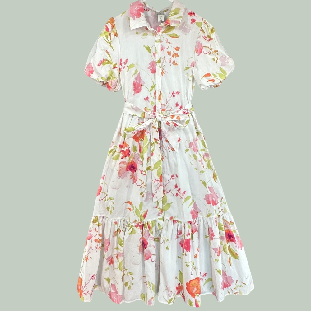 Joie Floral Shirtdress Womens Medium White Pink Cotton Tiered Midi Excellent